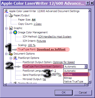 Dialog: Advanced Properties Settings for Apple Color Laserwriter 12/600